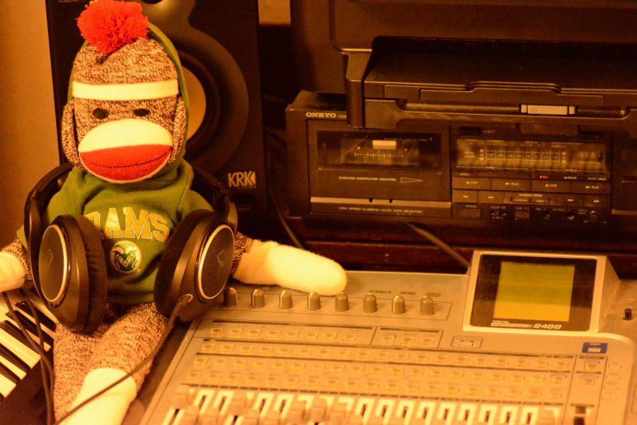 This CSU monkey keeps Jesse Sanders focused as he works in his sound studio out of the corner of his bedroom. He started his record label, Plotline Records, as an exciting hobby that he now hopes to expand into the professional world of music. (Maya Shoup | Collegian)