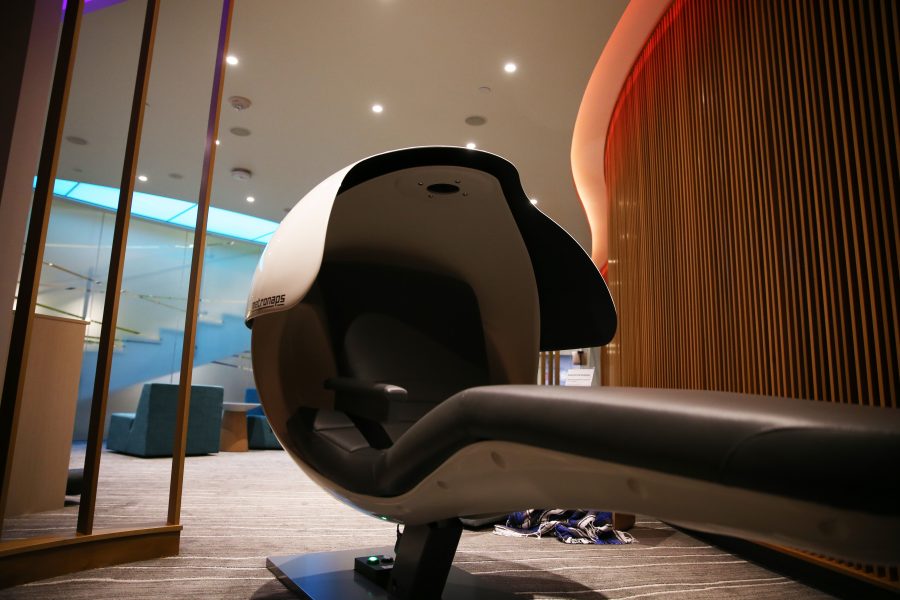 A Futuristic Nap Pod located in the new Health Center is available for reservations up to 24-Hours in advance. An entire relaxation room has been added to the New Health Center. (Elliott Jerge | Collegian)