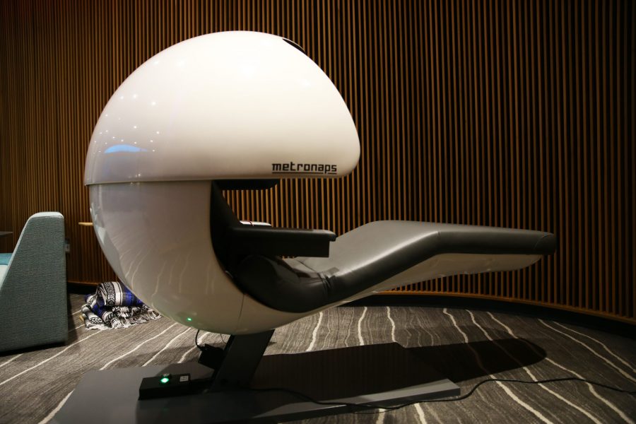 A Futuristic Nap Pod located in the new Health Center is available for reservations up to 24-Hours in advance. An entire relaxation room has been added to the New Health Center. (Elliott Jerge | Collegian)