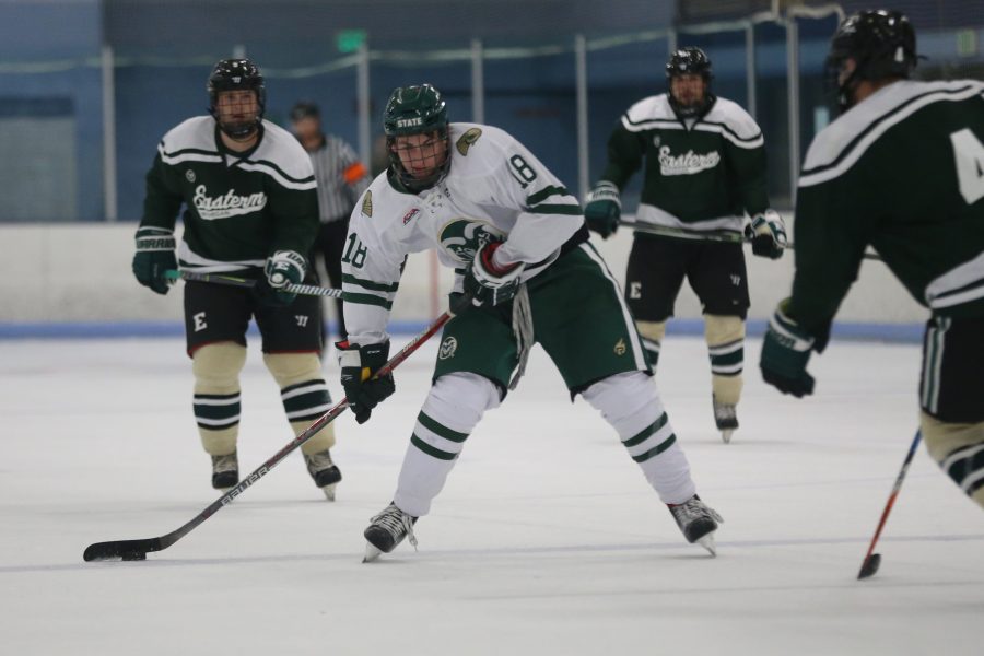 Forward Jonathon Johnson winds up to take a shot against Eastern Michigan on Sept 29 at the EPIC Center in Fort Collins. The Rams Hockey Team fell to the Eastern Michigan Eagles 4-1. (Elliott Jerge | Collegian)