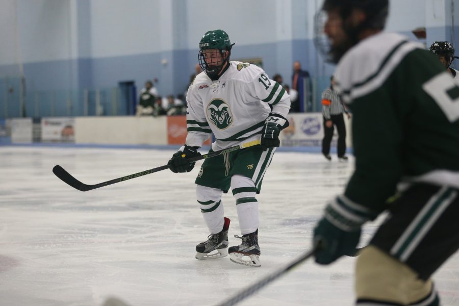 Forward Ben Johnson waits in front of Eastern Michigan Net during the second period on Sept 29 at the EPIC Center in Fort Collins. The Rams Hockey Team fell to the Eastern Michigan Eagles 4-1. (Elliott Jerge | Collegian)
