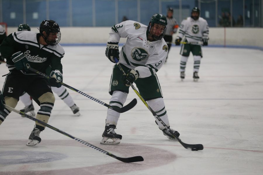 Defender Riley Defazio moves the into Eastern Michigan territory on Sept 29. The Rams Hockey Team fell to the Eastern Michigan Eagles 4-1. (Elliott Jerge | Collegian)