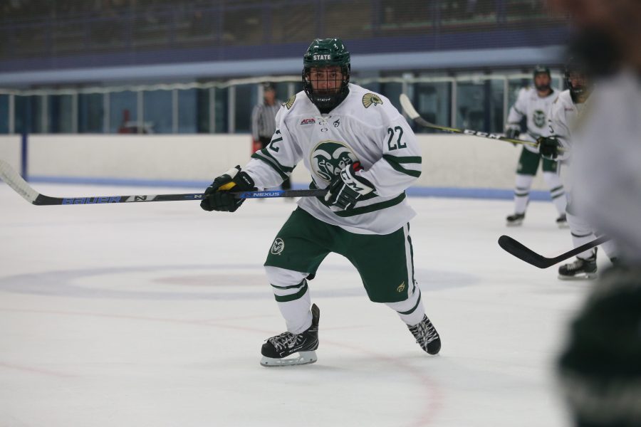 Forward Max Engle eyes up the puck during the first period against Eastern Michigan on Sept 29 at the EPIC Center in Fort Collins. The Rams Hockey Team fell to the Eastern Michigan Eagles 4-1. (Elliott Jerge | Collegian)