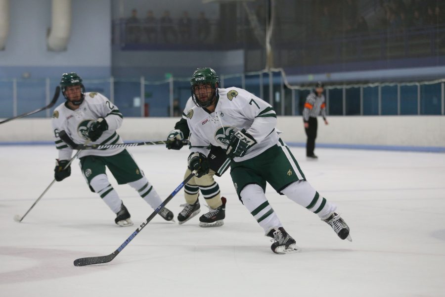 Forward Nick Scherbinin chases down a Eastern Michigan Forward during the first period on Sept 29 at the EPIC Center in Fort Collins. The Rams Hockey Team fell to the Eastern Michigan Eagles 4-1. (Elliott Jerge | Collegian)