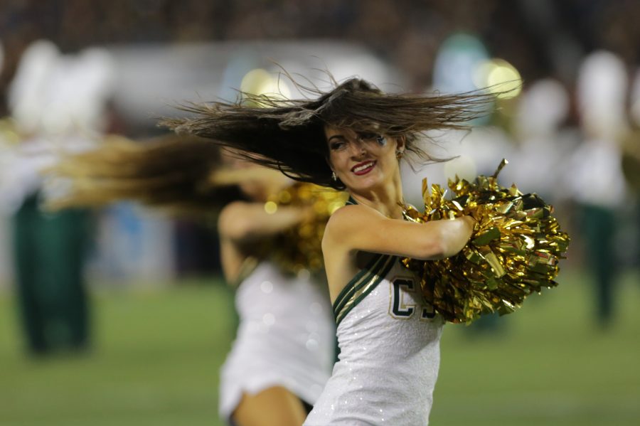 The Colorado State University cheerleaders perform for the crowd during the thrid quarter of the game on Friday night. (Forrest Czarnecki | Collegian)