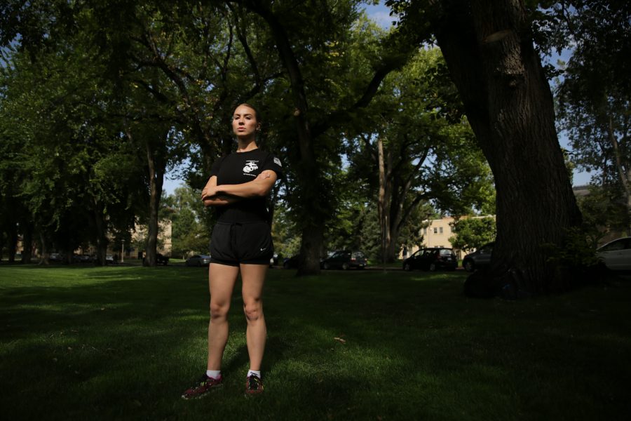Colorado State University senior Sydney Murkins poses for a portrait at the Oval on Monday afternoon. Murkins recently completed the Marine Corps Officer Candidate School. (Forrest Czarnecki | The Collegian)
