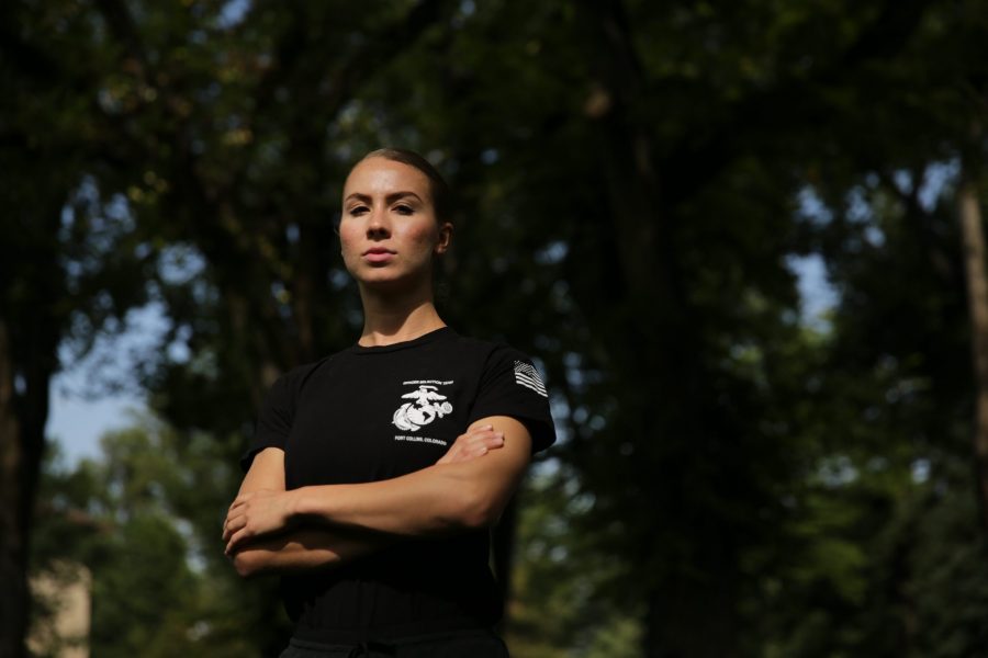 Colorado State University senior Sydney Murkins poses for a portrait at the Oval on Monday afternoon. Murkins recently completed the Marine Corps Officer Candidate School. (Forrest Czarnecki | The Collegian)