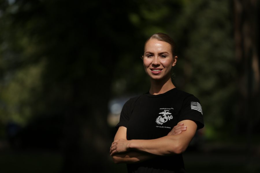 Colorado State University senior Sydney Murkins poses for a portrait at the Oval on Monday afternoon. Murkins recently completed the Marine Corps Officer Candidate School. (Forrest Czarnecki | The Collegian)