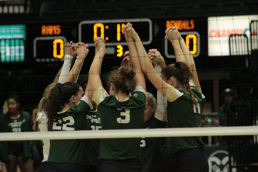 A pre-set ritual: CSU volleyball joins hands and discusses their winning game plan against Idaho State. (Sarah Ehrlich | Collegian)