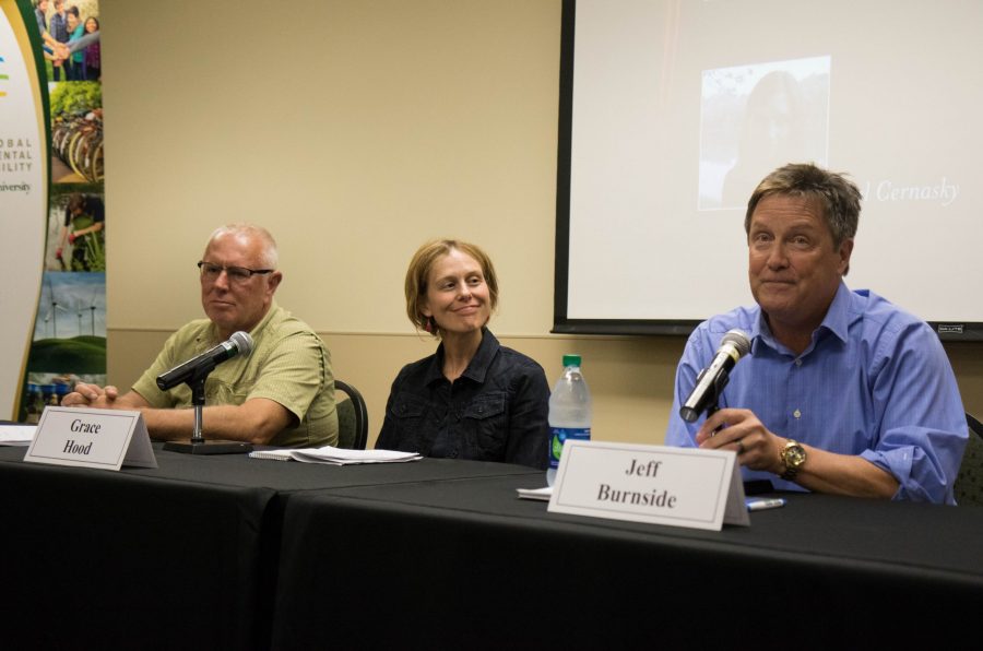 Christopher Joyce, Grace Hood, and Jeff Burnside discuss the science of communicating science in a Post- Truth world at the Communicating Science in a Post Truth World panel discussion. (Julia Trowbridge | Collegian)