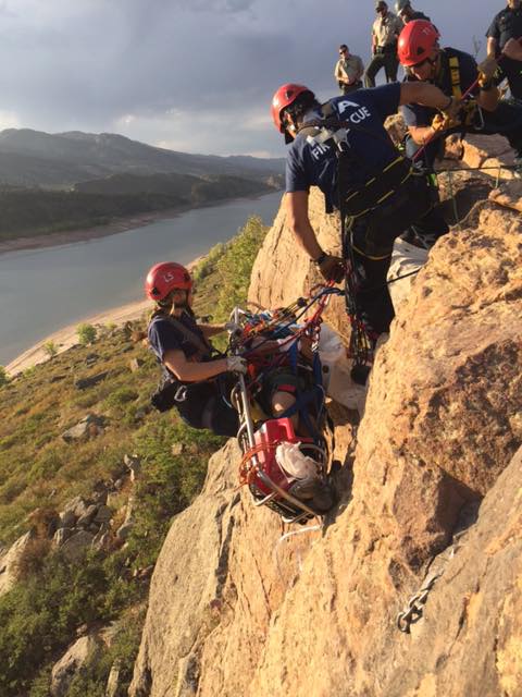 Poudre Fire Authority utilized a high-angle system with ropes and a rescue basket to rescue a hiker who fell while climbing on Sept. 12. (Photo courtesy of Poudre Fire Authority)