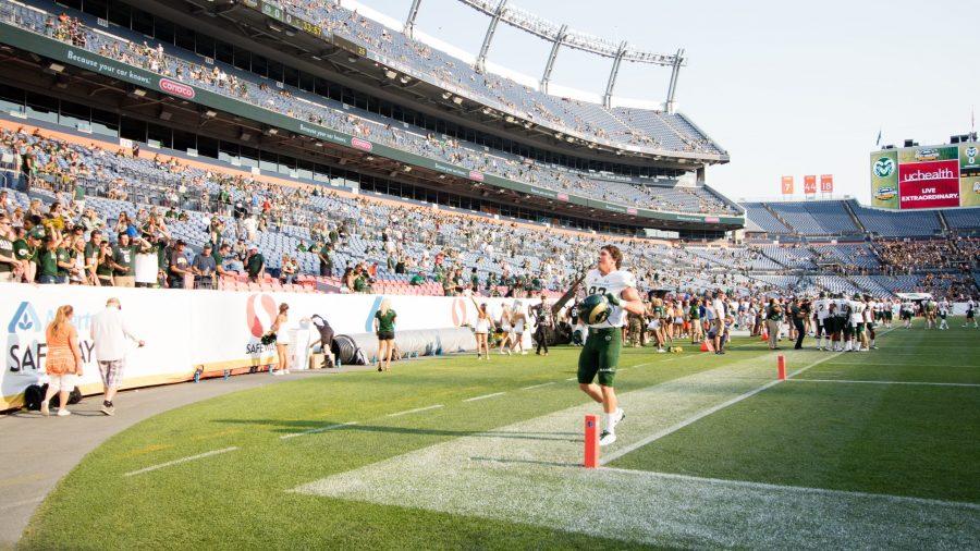 A CSU football players helps hype up the crowd before the start of the Rocky Mountain Showdown on Sept. 1, 2017.  (Tony Villalobos May | Collegian)