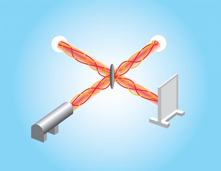 Gravitational waves are detected with an interferometer. The design consists of two vacuum tubes with a beam splitter, which allows a beam of light to be emitted into the device, split identically by the beam splitter. The light travels down the tubes, reflects off of a mirror at the end, and the interference pattern is detected.