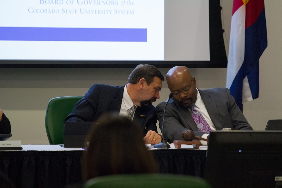 Dr. Tony Frank and Rico Munn discuss a question posed at the Board of Governors meeting on Friday, October 6, 2017. (Collegian File Photo)