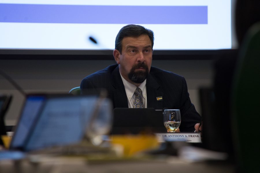 CSU President Tony Frank listens as board members and faculty give various reports on the state of CSU. These reports cover finance, safety, activities, agendas, and more. (Rob Scarselli | Collegian)