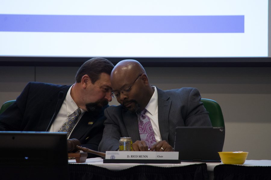 CSU President Tony Frank and D. Rico Munn, Chair of the Board of Governors, discuss details presented by the Board regarding future discussions and meetings. Regular meetings are open for the public and provide great insight into the internal affairs of CSU. (Rob Scarselli | Collegian)