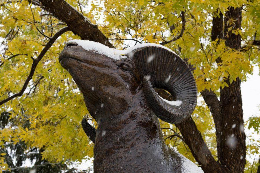 Snow falls on a ram statue outside Moby Arena during the first snow of the 2017-2018 CSU school year. (Colin Shepherd | Collegian)