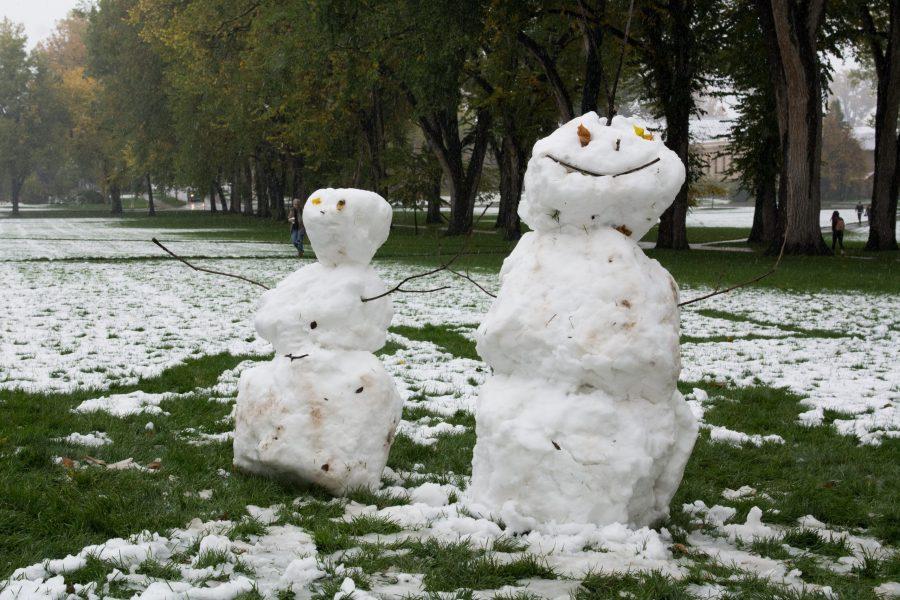 Two snowmen were built in the oval on October 9, 2017. (Colin Shepherd | Collegian)