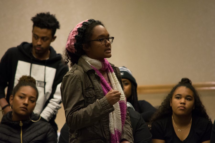 CSU student Courtney Satchell addresses the concerns that the students have with administrative action in the wake of race-oriented conflict. (Robert Scarselli | Collegian)