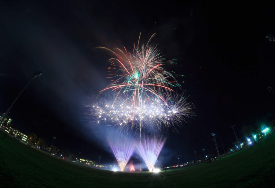 Fireworks erupt over the CSU intramural fields to conclude Fridays homecoming events. (Davis Bonner | Collegian)