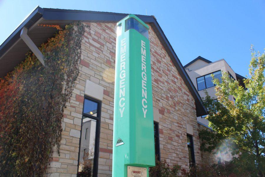 Blue light emergency call boxes are located across campus to be used in contacting emergency services. (Matt Begeman | Collegian)