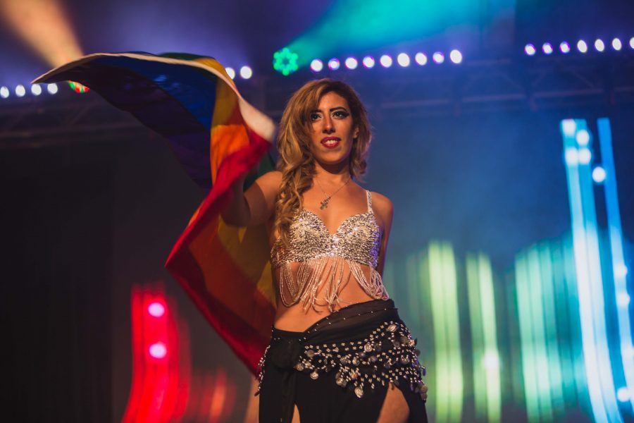 Belly Dancing Gaga dedicates their performance to Egyptians who were persecuted for holding the rainbow flag in public during PRISMs annual fall drag show in the LSC. (Davis Bonner | Collegian)