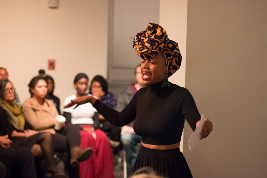 CSU student Shayla Monteiro recites poetry during the Black Feminist Manifesto release party at the University Center for the Arts on Oct. 27, 2017. (Jack Starkebaum | Collegian)