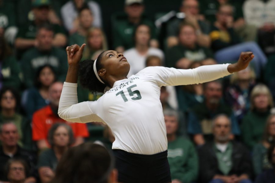 Breana Runnels looks to spike the ball duirng the Rams victory over the University of Wyoming on Oct. 24, 2017. The Rams won in 4 sets. (Jack Starkebaum | Collegian)