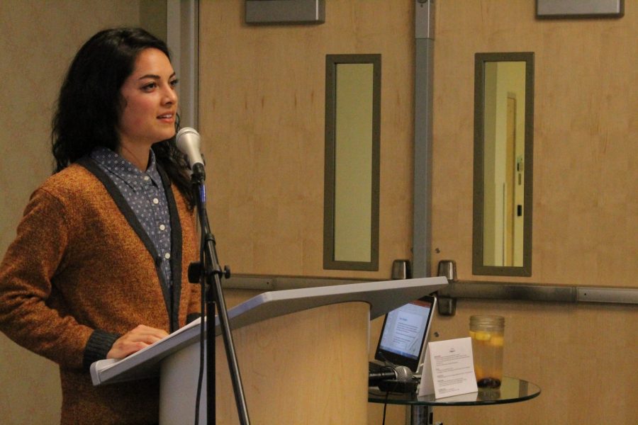 Cori Wong, an assistant professor with a concentration in identity and embodiment, speaks at the Boyer lecture and reception. (Abby Currie | Collegian)