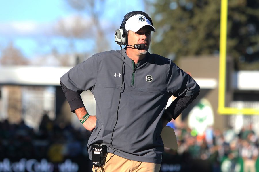 Head coach Mike Bobo gazes on the field after another Air Force touchdown that sealed the victory over the Rams 28-45. (Javon Harris | Collegian)