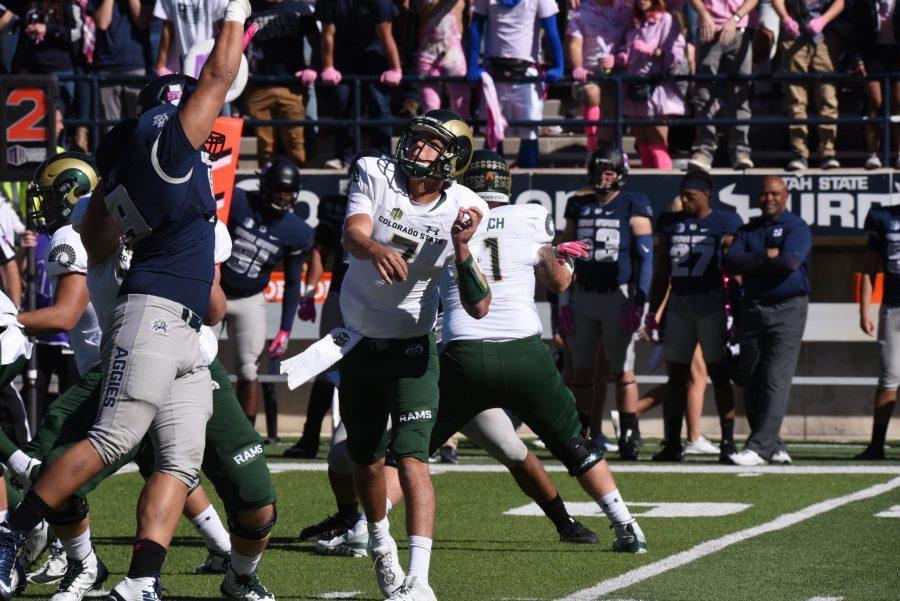 Senior quarterback Nick Stevens delivers a throw in the pocket in Saturdays game against Utah State. Photo courtesy of CSU Athletics. 