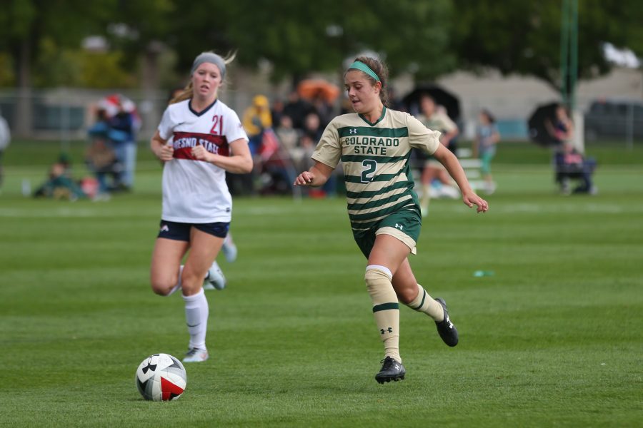 Midfielder Alex Lanning moves the ball into Fresno State Territory during the second half of action on Oct 1. The Rams are currently 2-5-4 on the season. (Elliott Jerge | Collegian)