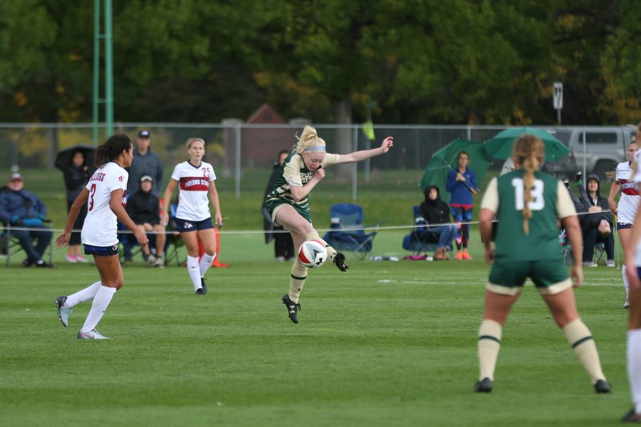 Forward Ally Murphy-Pauletto stops a ball of the air during second half of action against the Fresno State Bulldogs on Oct 1. (Elliott Jerge | Collegian)