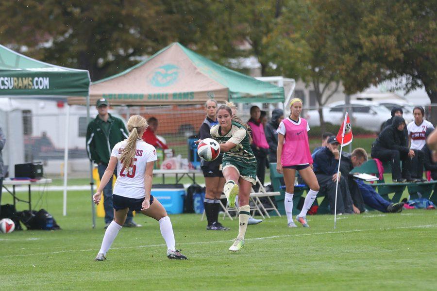 Defender Lexi Swenson sends a ball into Fresno State Territory during the first half of action on Oct 1. The Rams are currently 2-5-4 on the season. (Elliott Jerge | Collegian)