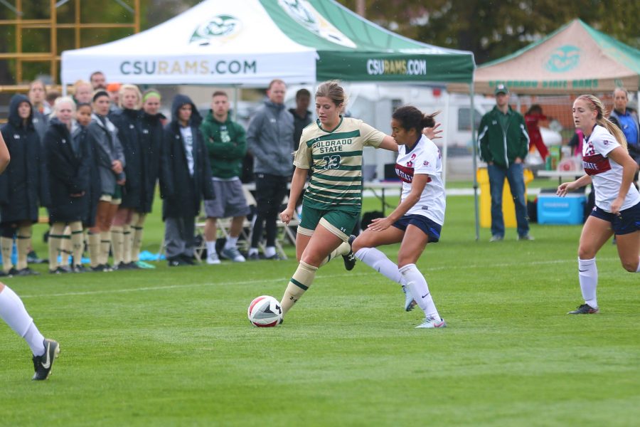 Midfielder Caeley Lordemann moves the ball into Fresno State Territory during the first half of action on Oct 1. The Rams are currently 2-5-4 on the season. (Elliott Jerge | Collegian)