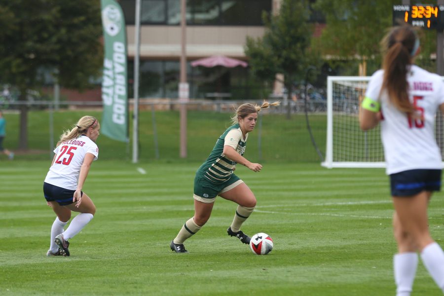 Midfielder Caeley Lordemann moves with the ball down field into Fresno State Territory during the first half of action on Oct 1. The Rams are currently 2-5-4 on the season. (Elliott Jerge | Collegian)