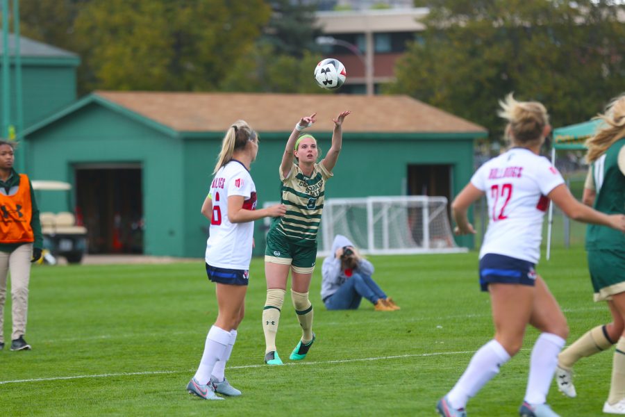 Sophomore Danielle Laughrey throws the ball in during the first half of action on Oct 1. The Rams are currently 2-5-4 on the season. (Elliott Jerge | Collegian)