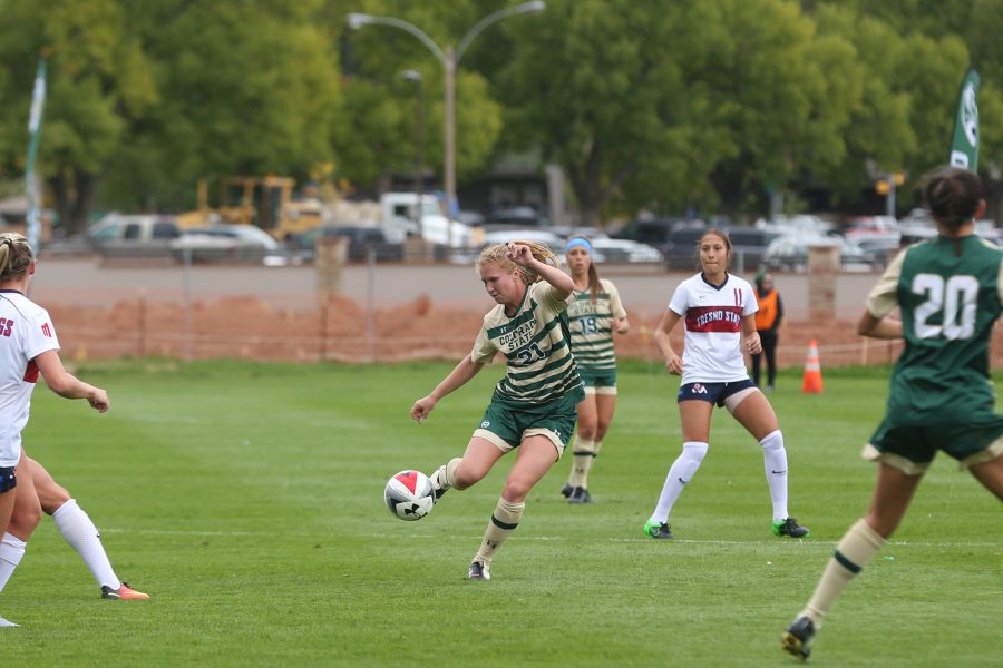 Defender Halley Havlicek sends a ball into Fresno State Territory during the second half of action on Oct 1. (Elliott Jerge | Collegian)