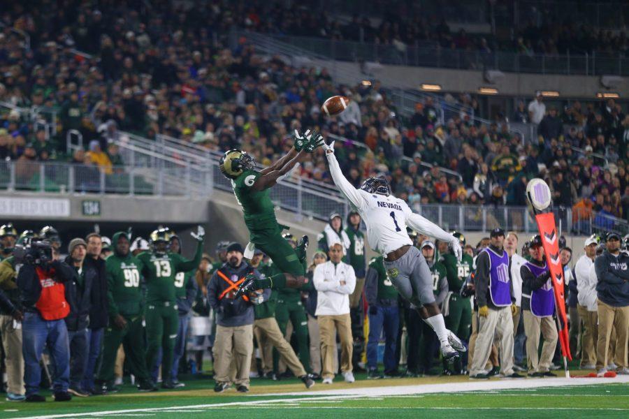 Senior wide receiver Michael Gallup makes a catch during the second quarter of action against the Nevada Wolf Pack. The Rams defeated the Wolf Pack 44-42. (Elliott Jerge | Collegian)