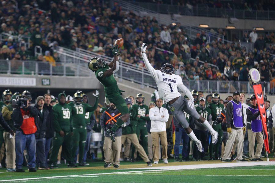 Senior Michael Gallup makes a catch during the second quarter of action against the Nevada Wolf Pack.  (Elliott Jerge | Collegian)