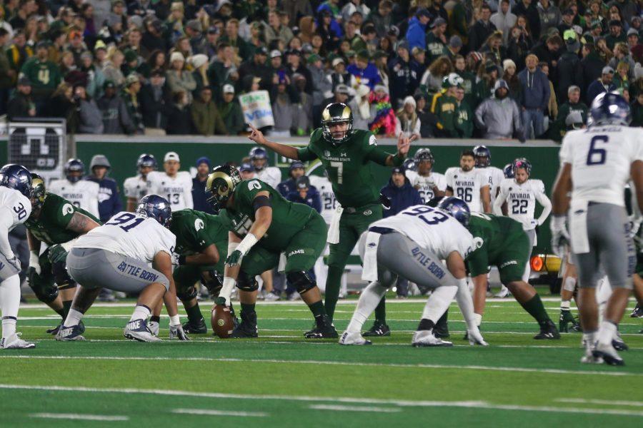 Quarterback Nick Stevens calls out the play during the first quarter of action against the Nevada Wolf Pack on Oct 14 at the on-campus stadium. (Elliott Jerge | Collegian)