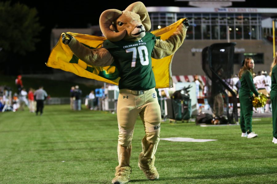 Cam the Ram celebrates a Colorado State Touchdown during a conference match up against the University of New Mexico on Oct 20 in Albuquerque. The Rams defeated the Lobos 27-24 making CSU record 6-2 overall. (Elliott Jerge | Collegian)