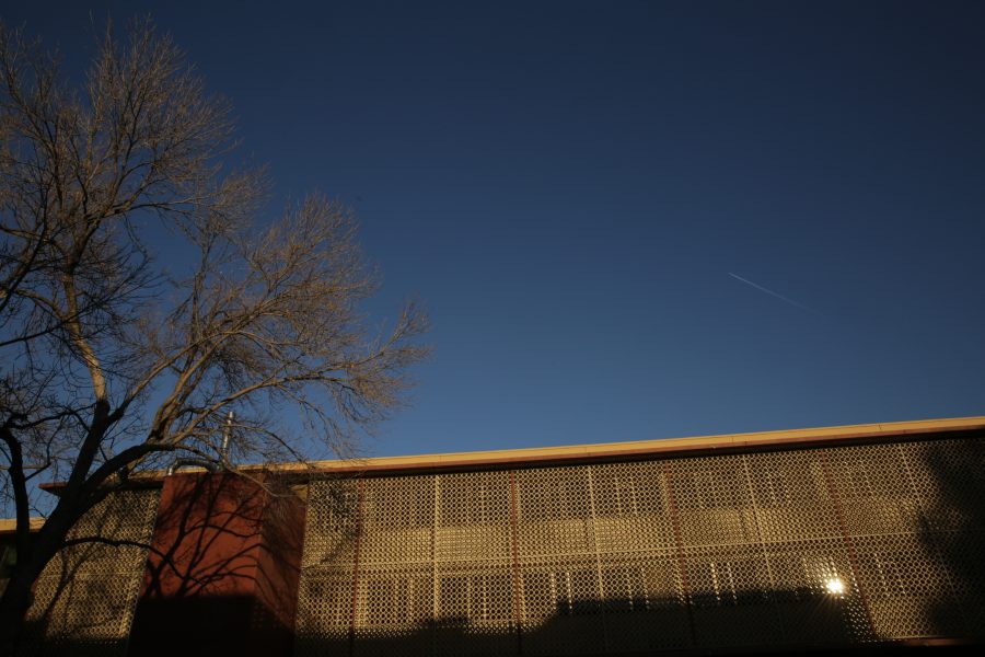 The sun sets on the C Wing of the Clark Building on October 18, 2017. (Forrest Czarnecki | The Collegian)