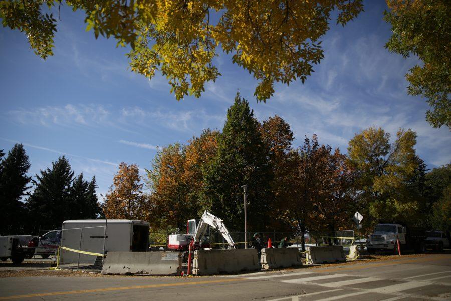 Construction workers and equipment is pictured along West Plum Street near the Colorado State University Transit Center on Tuesday morning. (Forrest Czarnecki | The Collegian)