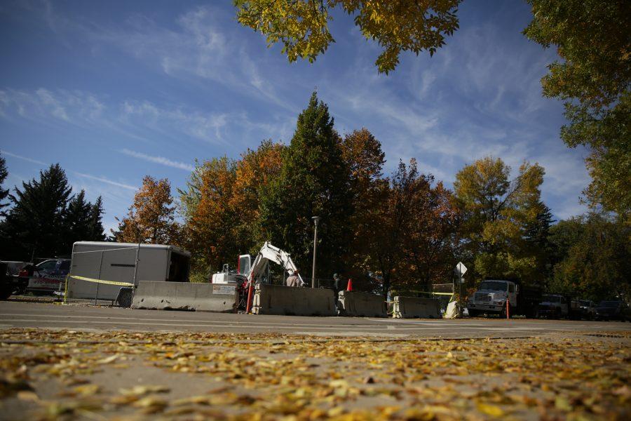 Construction workers and equipment is pictured along West Plum Street near the Colorado State University Transit Center on Tuesday morning. (Forrest Czarnecki | The Collegian)
