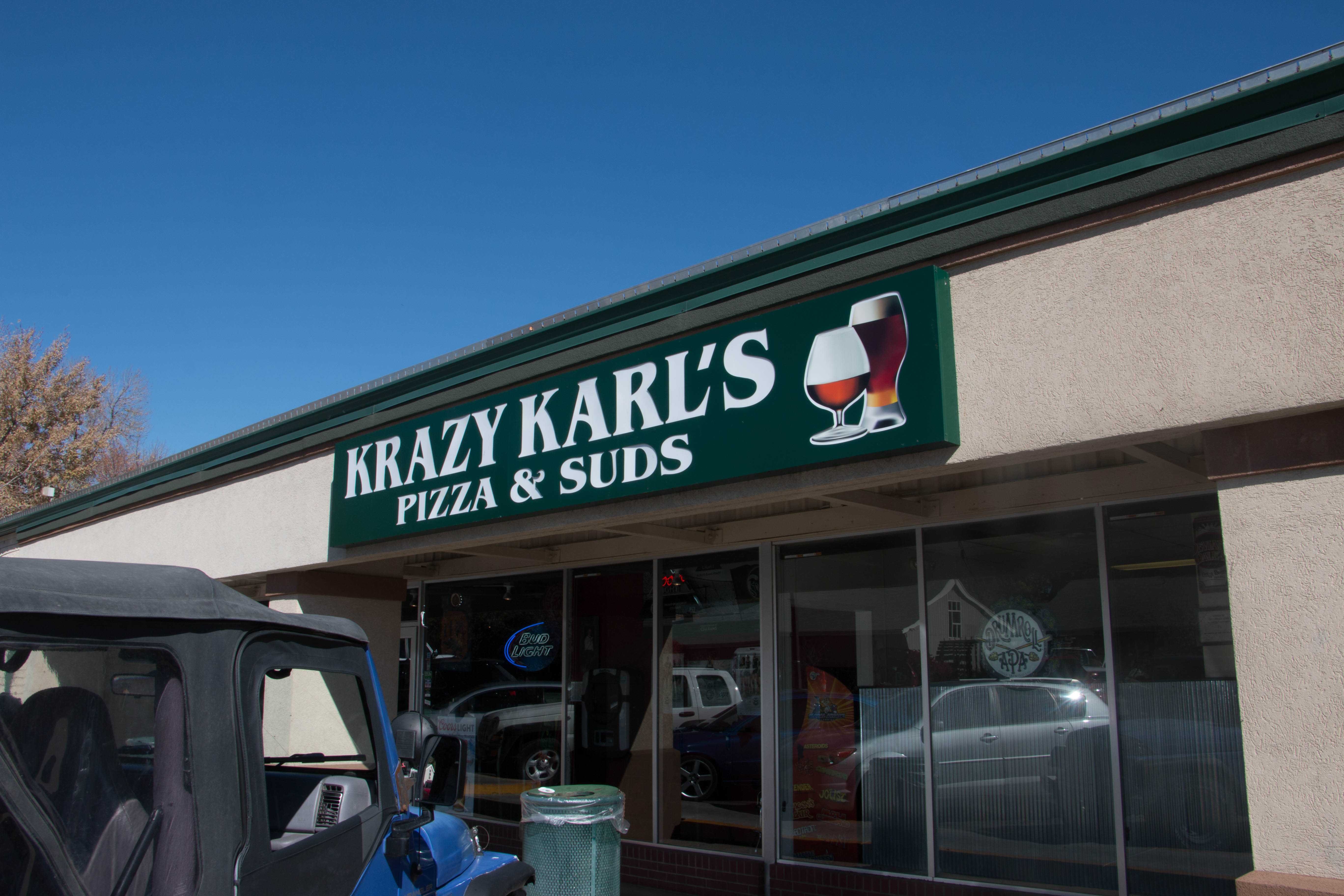 The sign at Krazy Karl's Pizza