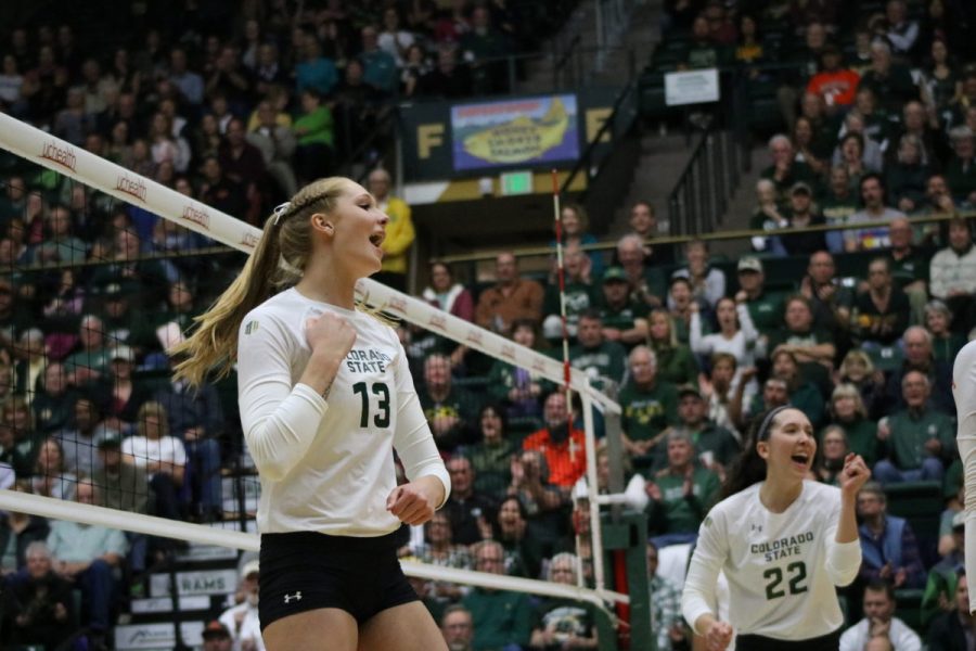 Kirstie Hillyer shows lots of emotion after a kill during CSU's win over Wyoming. She had 16 kills on the night. (Joe Oakman | Collegian)