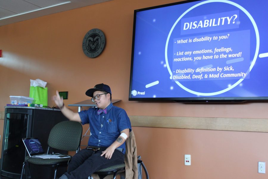 Kay Ulanday Barret leads a workshop in the Lory Student Center discussing disabilities. She explains the different misconceptions around disabilities and the stereotypes that surround the word disability.(Brandon Mendoza | Collegian)
