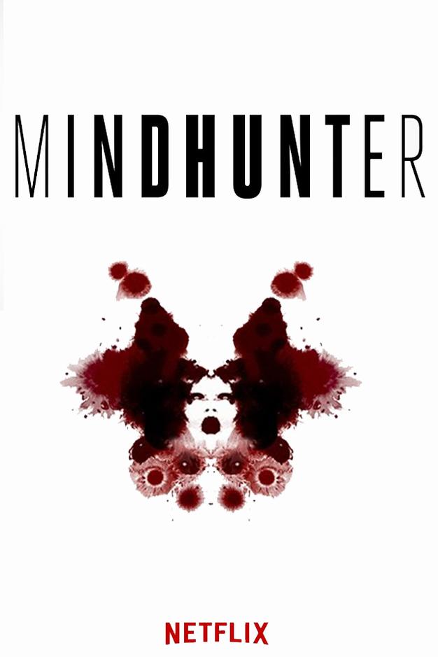 Poster shows the word "Mindhunter" and an ink blot portrait in blood.
