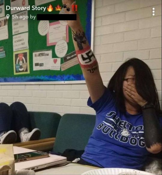 A screenshot of the snapchat of a student with a swastika painted on their arm that was posted to the Durward Snapchat story Thursday. The photo has been cropped and edited to redact the students name who posted it.